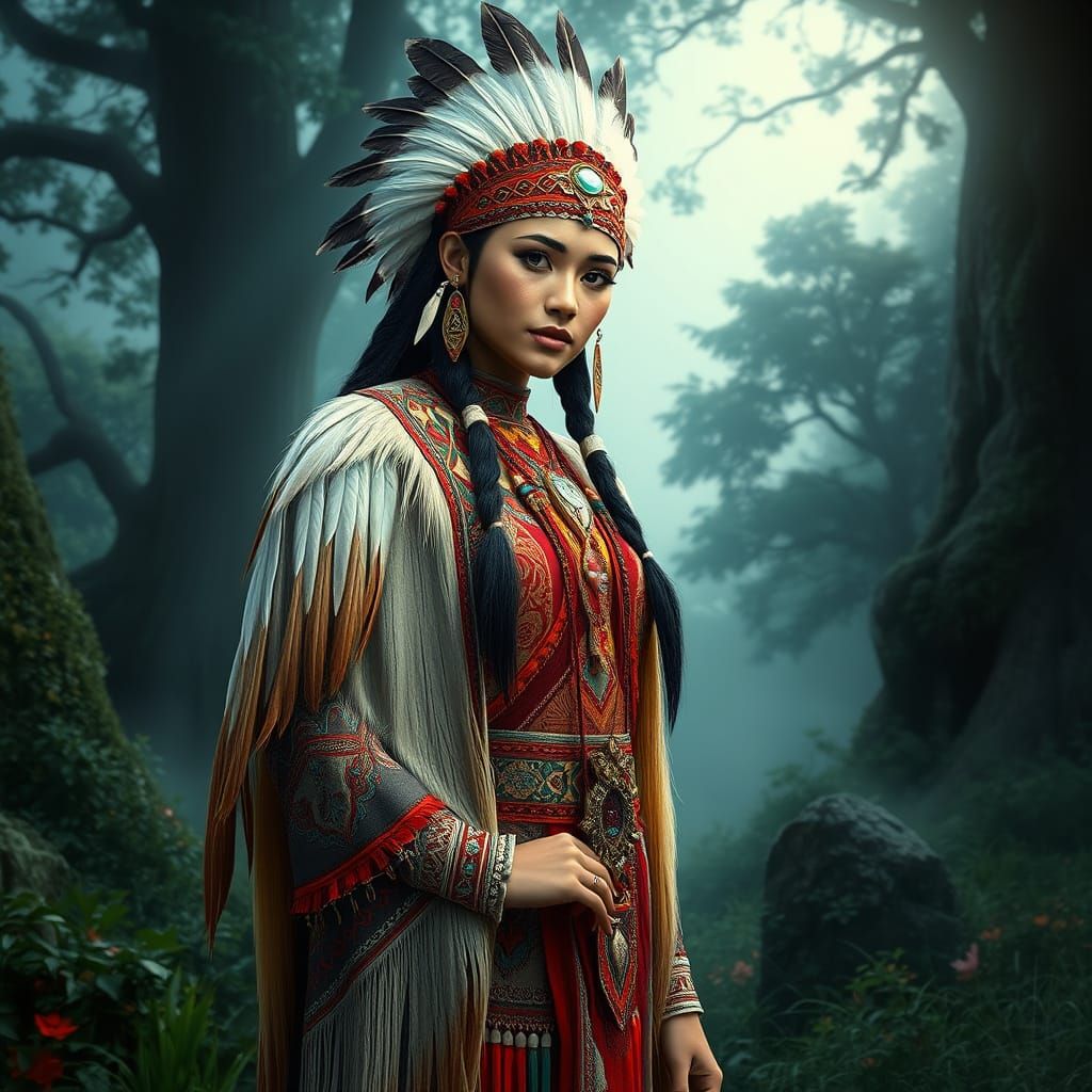 Stunning Native American Goddess in Vibrant Traditional Atti...