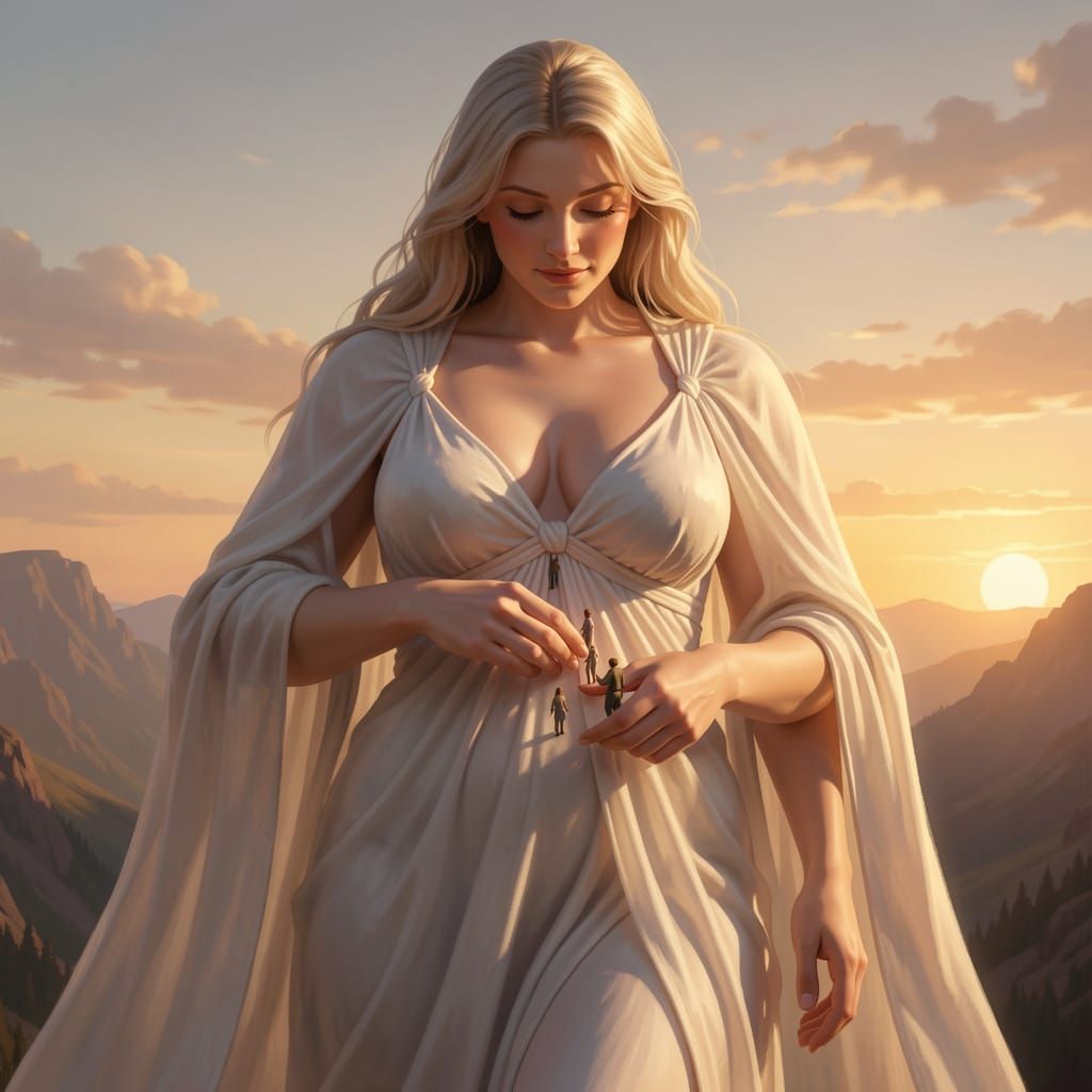 Giantess Gently Placing Tiny Figures in Golden Hour Light