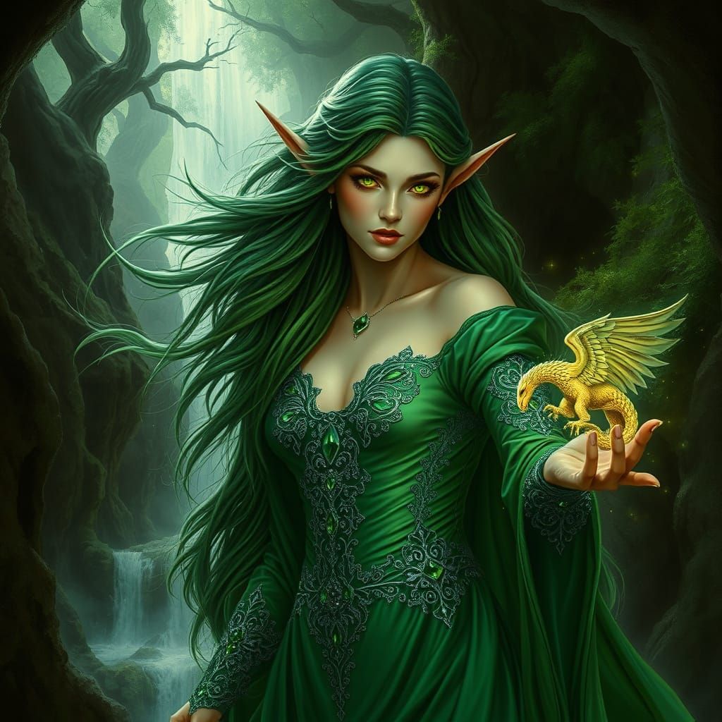 Mysterious Elven Queen in Ancient Grotto with Griffin