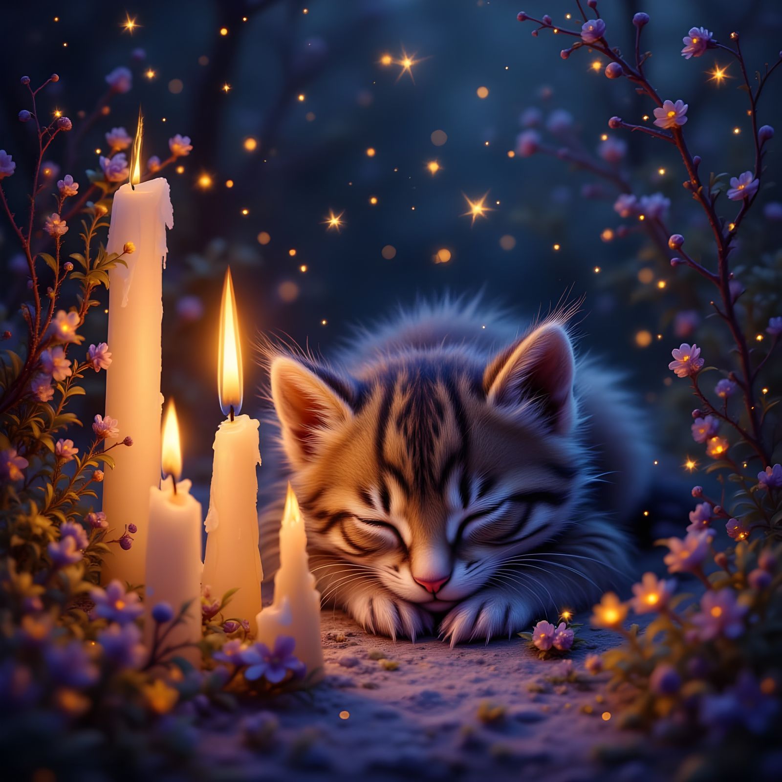 Cute Tabby Kitten Sleeps by Flickering Candles