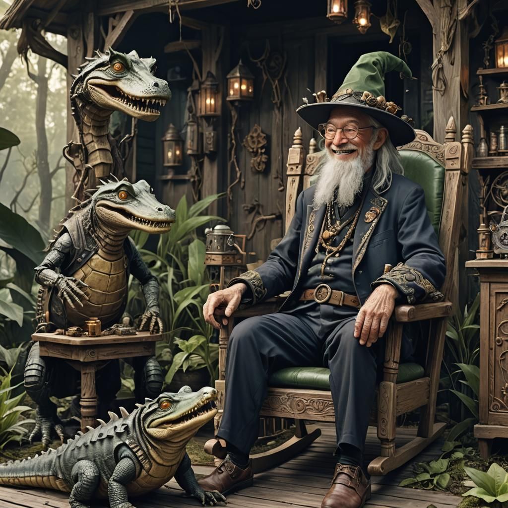 Wizard with Cyborg Alligator in Fantasy Swamp