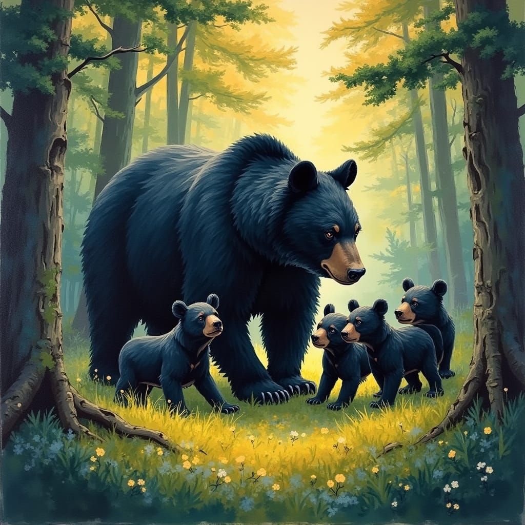 Serene Black Bear Family in Majestic Pine Forest