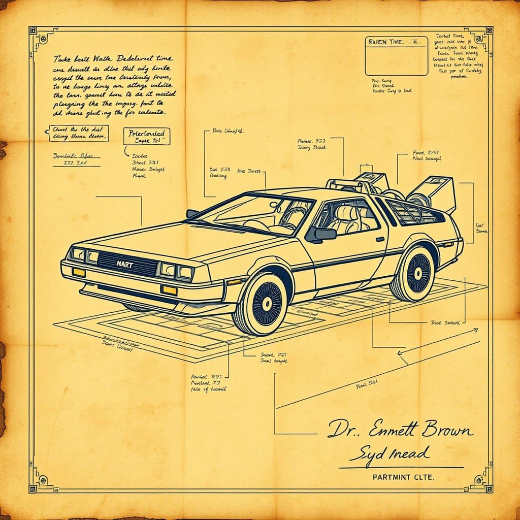 DeLorean Time Machine Blueprint Signed in Steampunk Style
