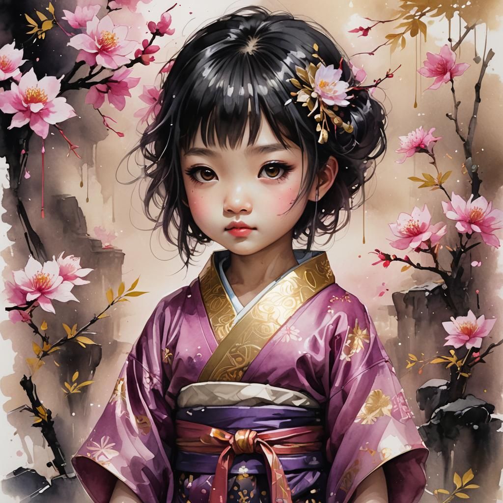 Charming Chibi Girl in Kimono: Watercolor Illustration