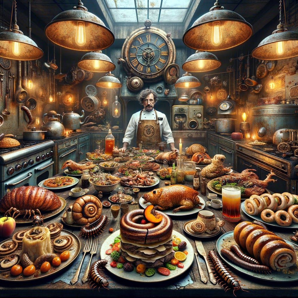 Steampunk Kitchen Still Life with Decaying Gourmet Food