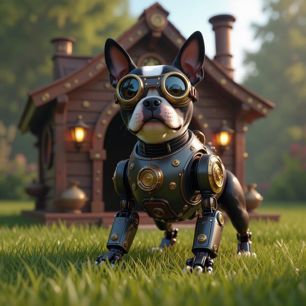 Steampunk Boston Terrier Robot in Lush Setting