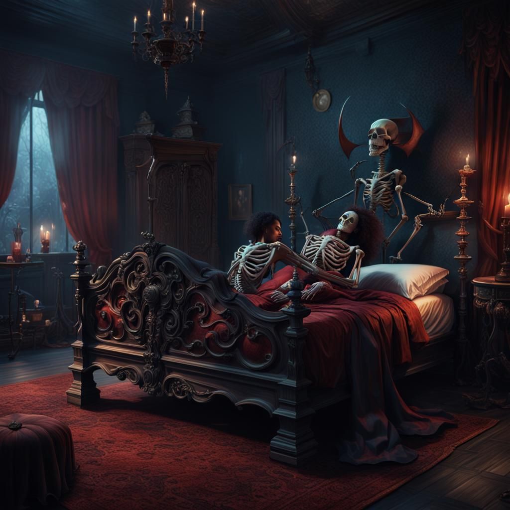 Eerie Embrace: Woman and Skeleton Demon Fantasy