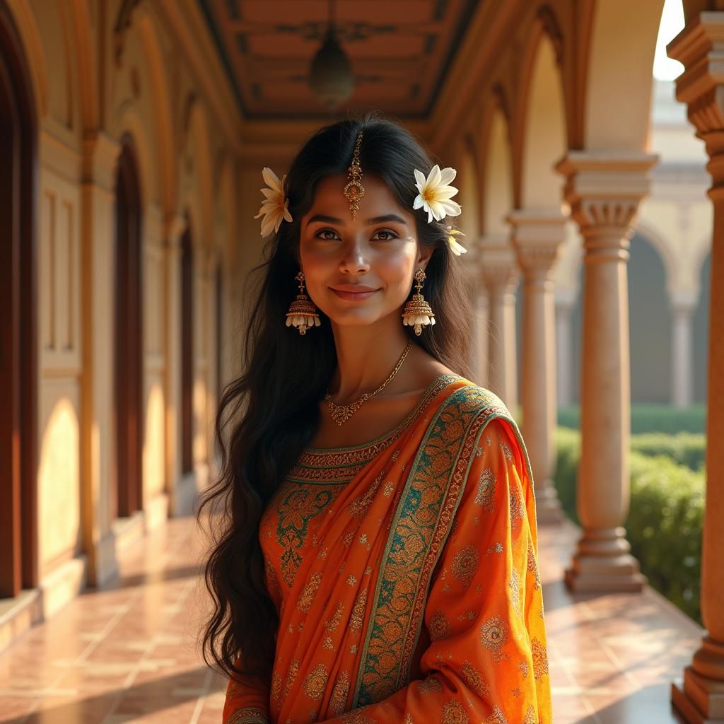 Indian Woman in Traditional Dress Amidst Mughal Arches