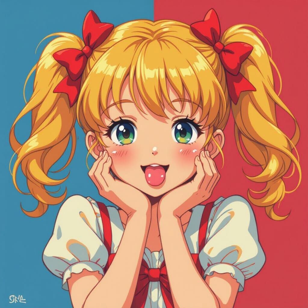 Cute Anime Girl with Pigtails and Red Bows