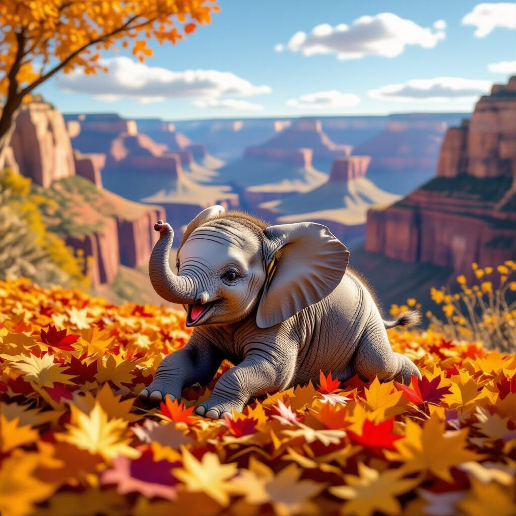 Adorable Baby Elephant Plays in Autumn Leaves at Grand Canyo...