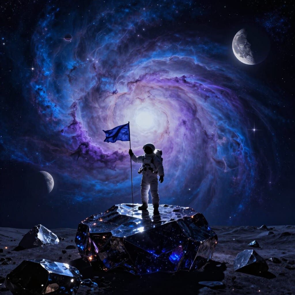 Astronaut Plants Flag on Obsidian Planet Amidst Nebula