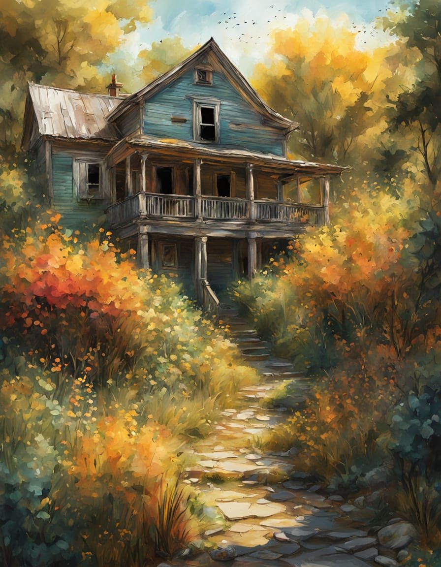Abandoned Scenery with Vibrant Blooms in Painterly Style