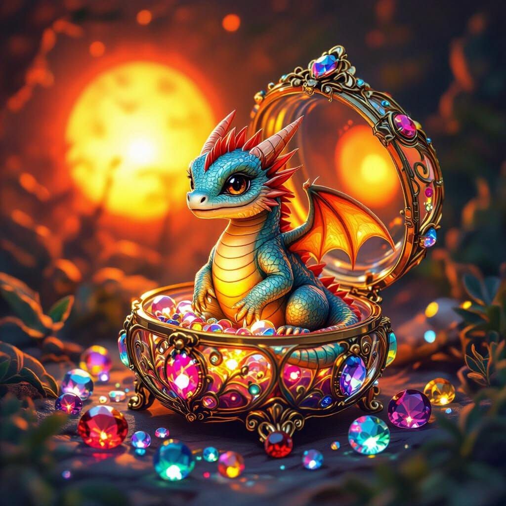 Miniature Dragon in Jewel Box with Glowing Suns