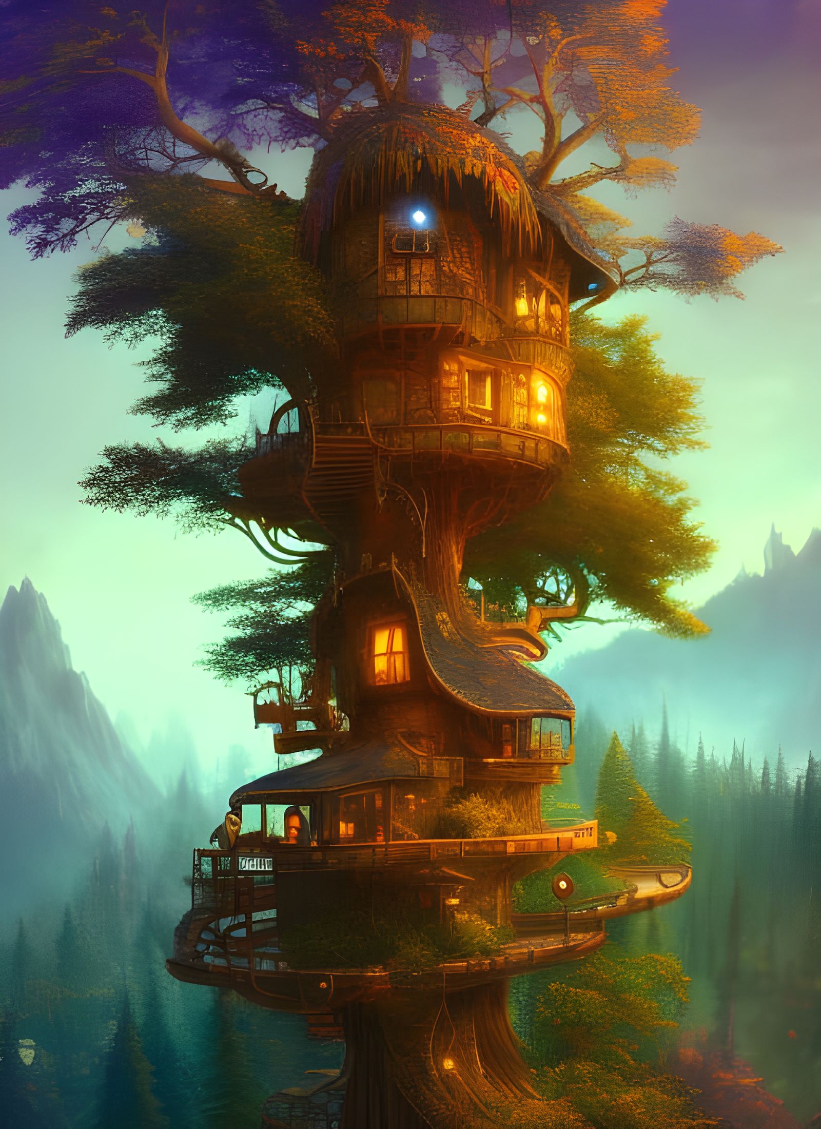 Dreamy Cosmic Treehouse in Mountain Forest