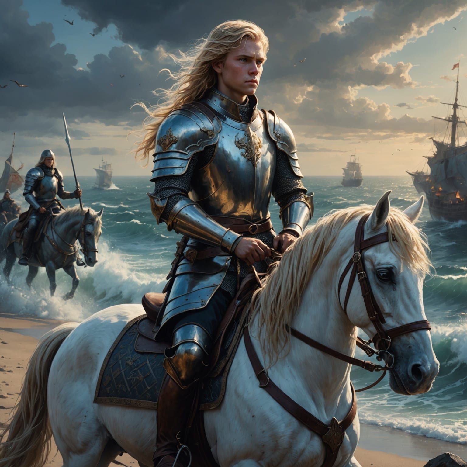 Prince Facing Sea Spirits Battlefield: Dark Fantasy Art