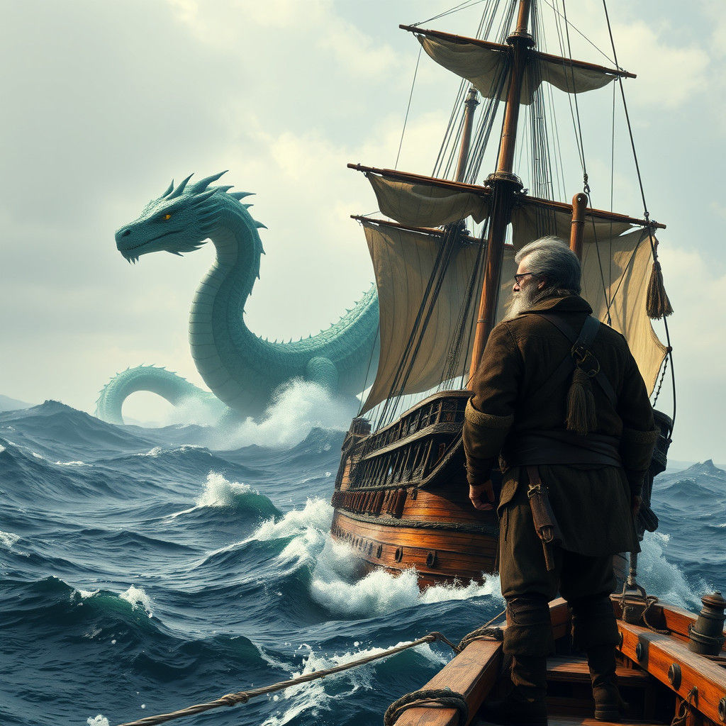 Galleon Encountering Sea Dragon in Fantasy Art Style