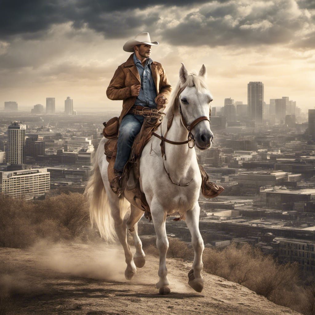 Cowboy on White Horse with Dog in City