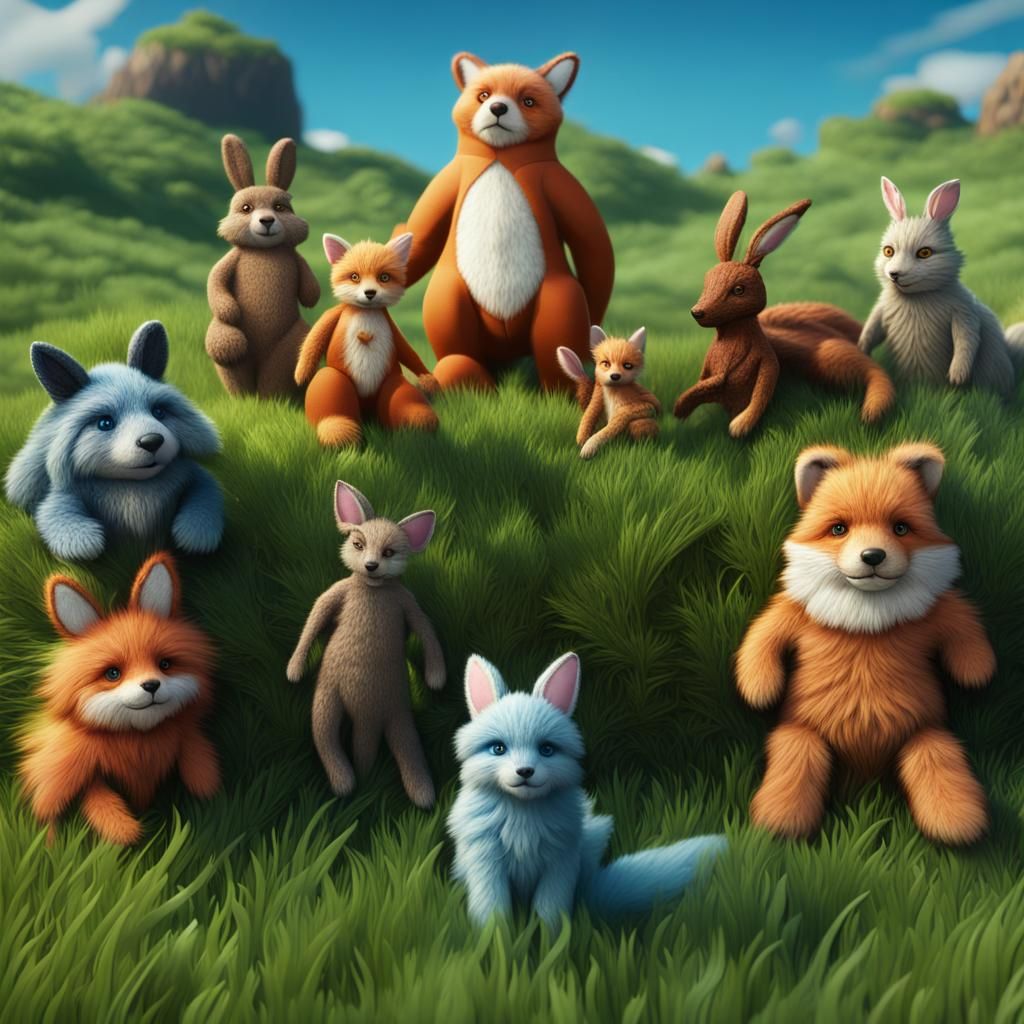 Stuffed Animals on Green Grass, Fantasy Concept Art