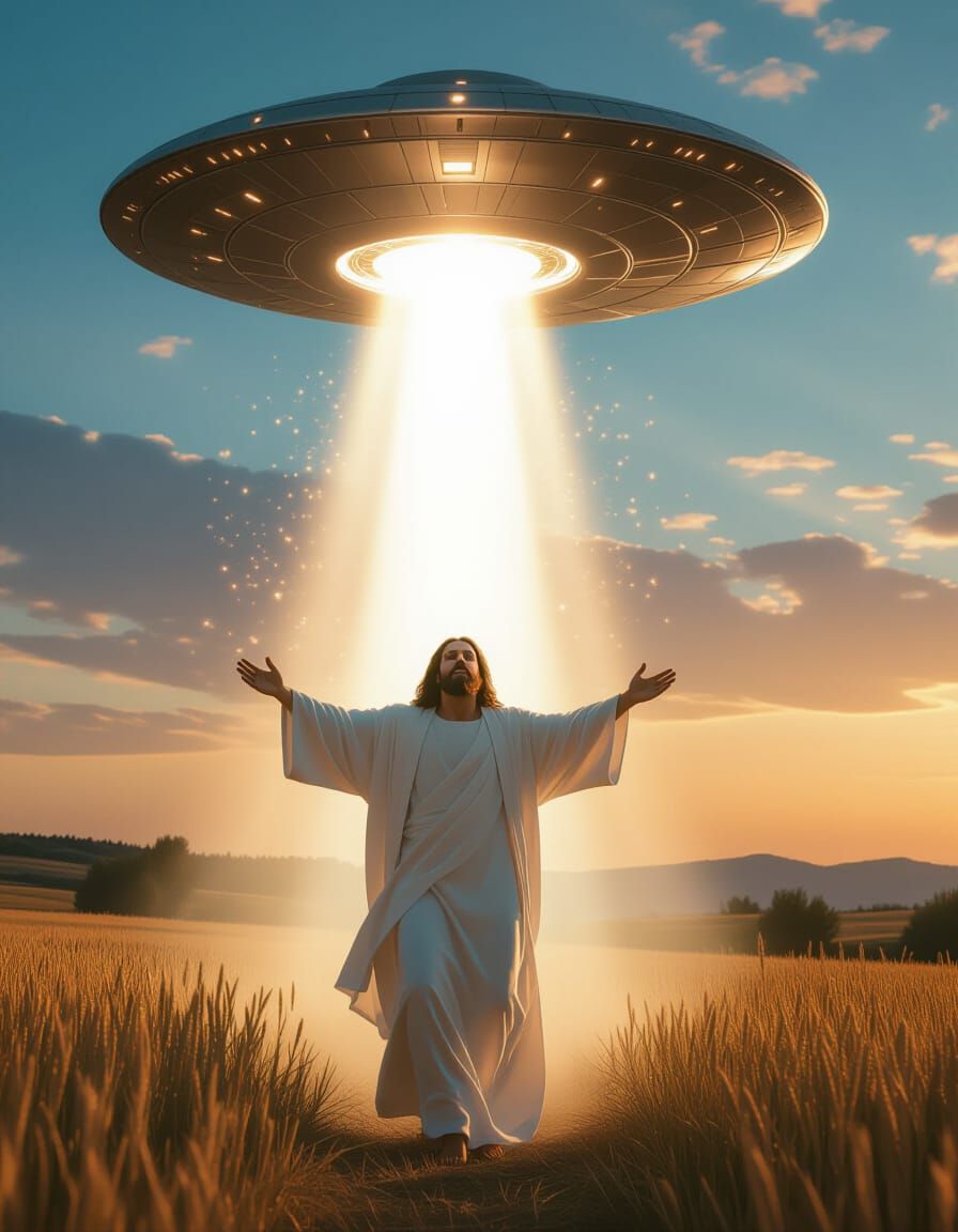 Jesus Ascends via UFO Tractor Beam at Dusk