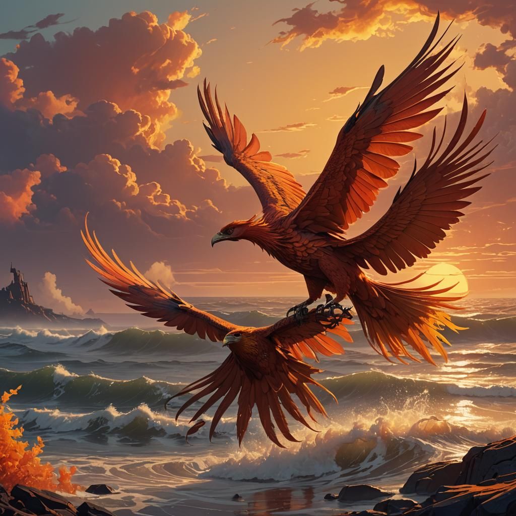Phoenix Gazing at Sunset in a Fantasy Landscape