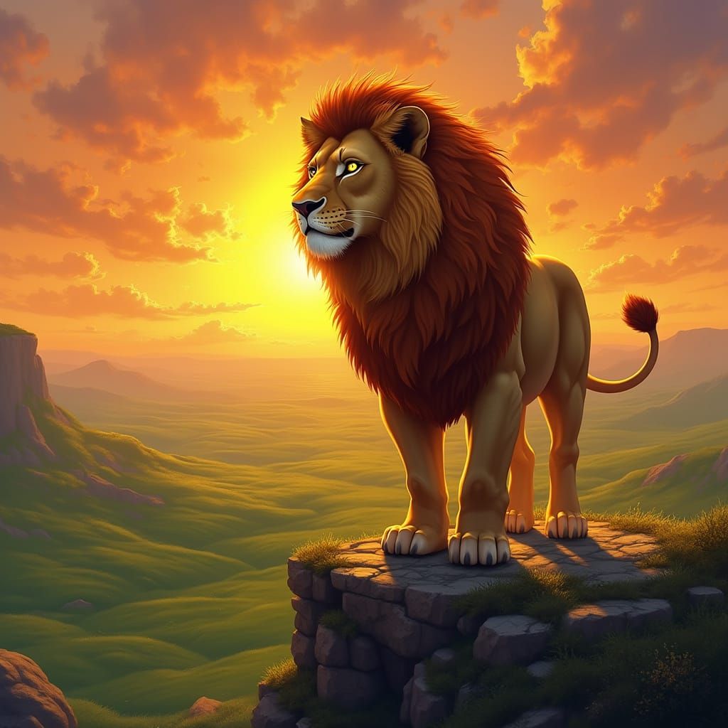 Fiery Lion Overlooking Emerald Plains at Sunset