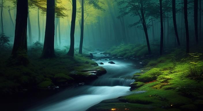 Serene Creek in Dense Woods, Fantasy Concept Art