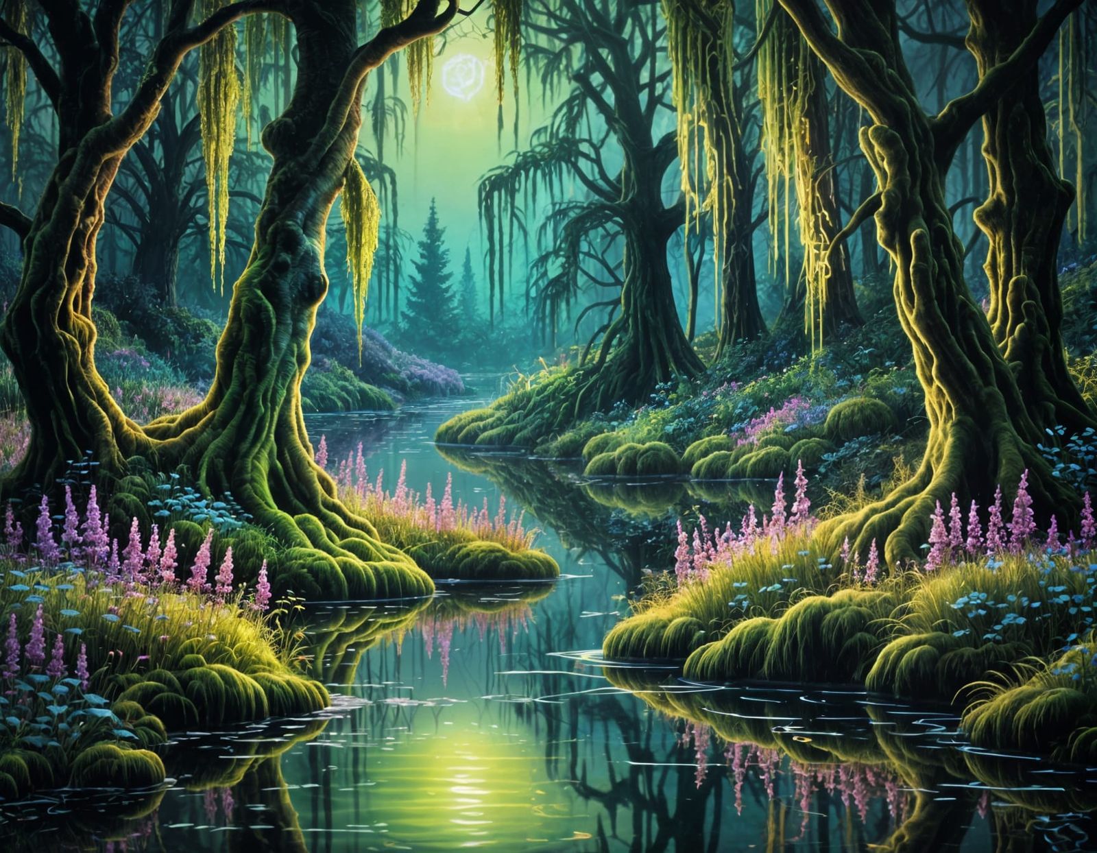 Neon Mossy Forest Landscape with Magical Glow