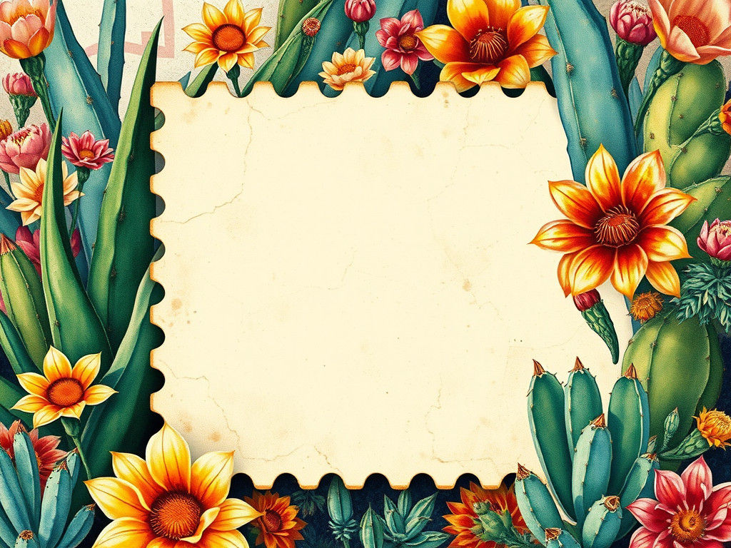 Vintage Mexican Stamp With Desert Floral Border