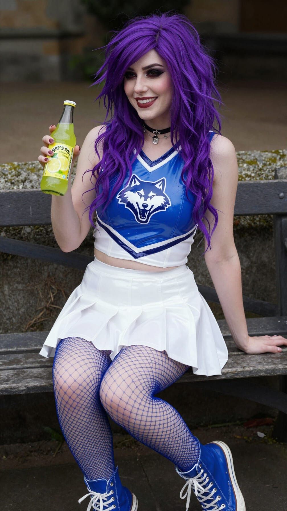 Smiling Emo Goth Woman with Purple Hair and Latex Outfit