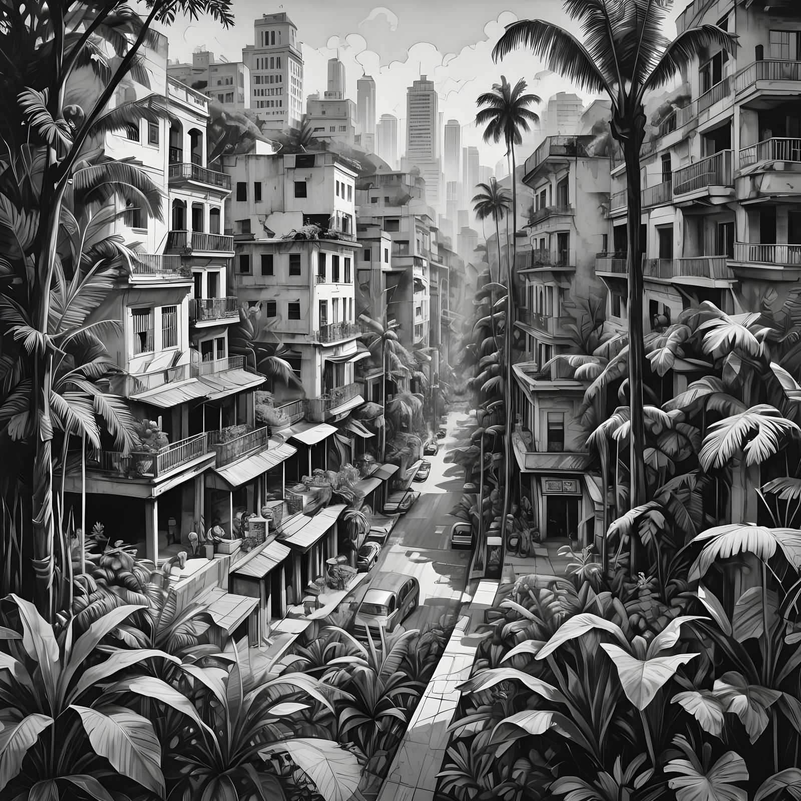 Dynamic Cityscape Drawing in Cuban Jungle Setting