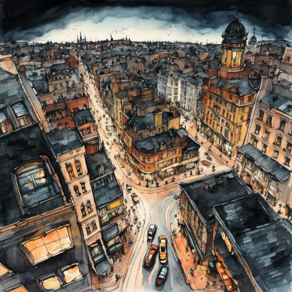 City Street at Night in Ink and Watercolor