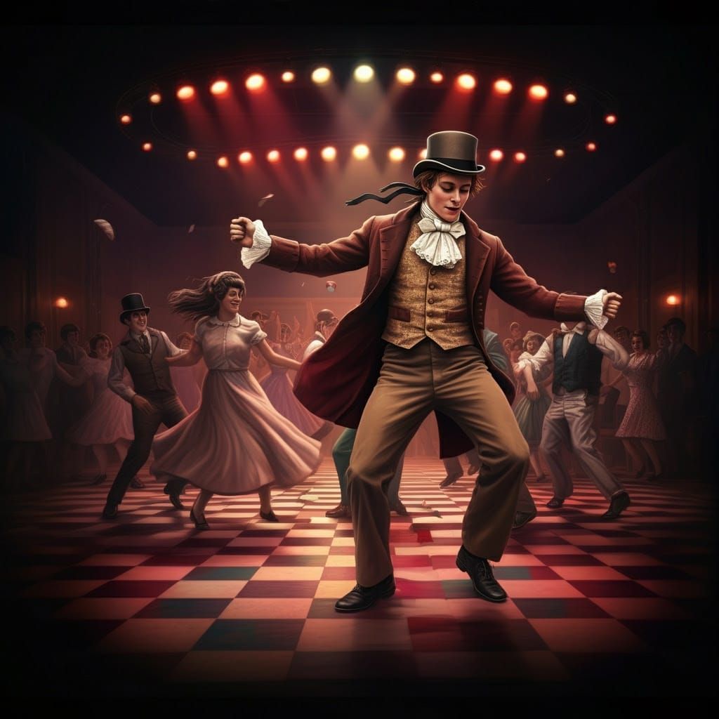 Retro Futuristic Dance Hall Scene in Whimsical Crossover Sty...