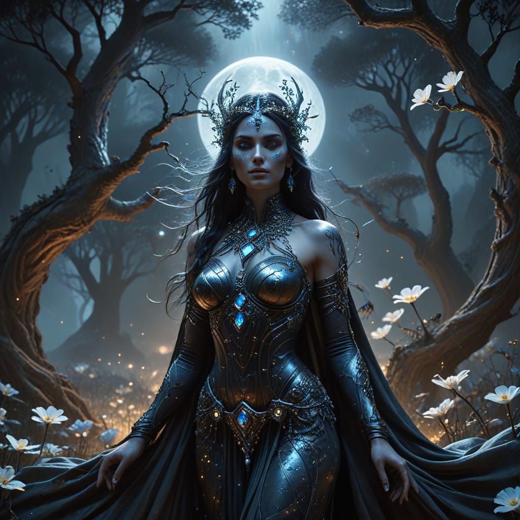 Ethereal Goddess Amidst Moonlit Landscape