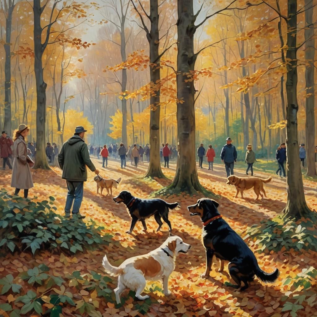 Dog Playing in Autumnal Forest: Impressionist Painting