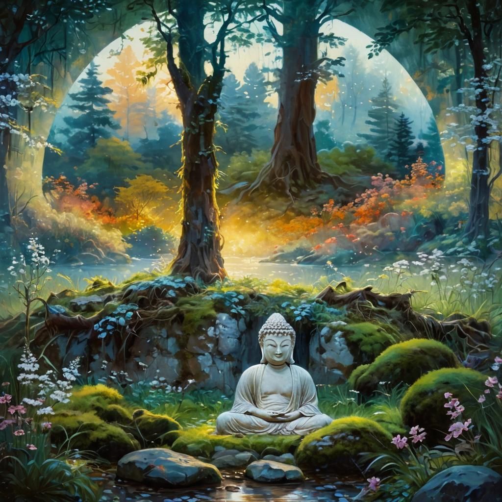 Zen Buddha in Forest Glade, Impressionistic Style