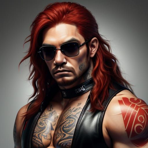 Muscular Male Wrestler with Vibrant Red Hair and Tattoos