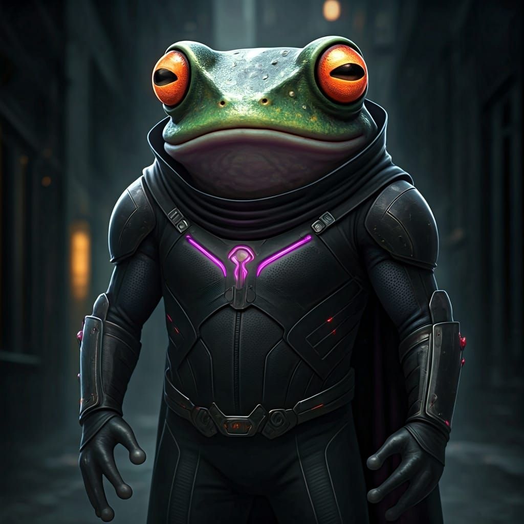 Frog Supervillain in Misty Alleyway, Hyperrealistic Art