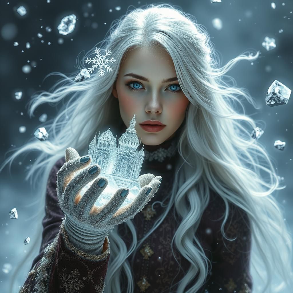 Ethereal Woman Shattering Ice Palace in Winter