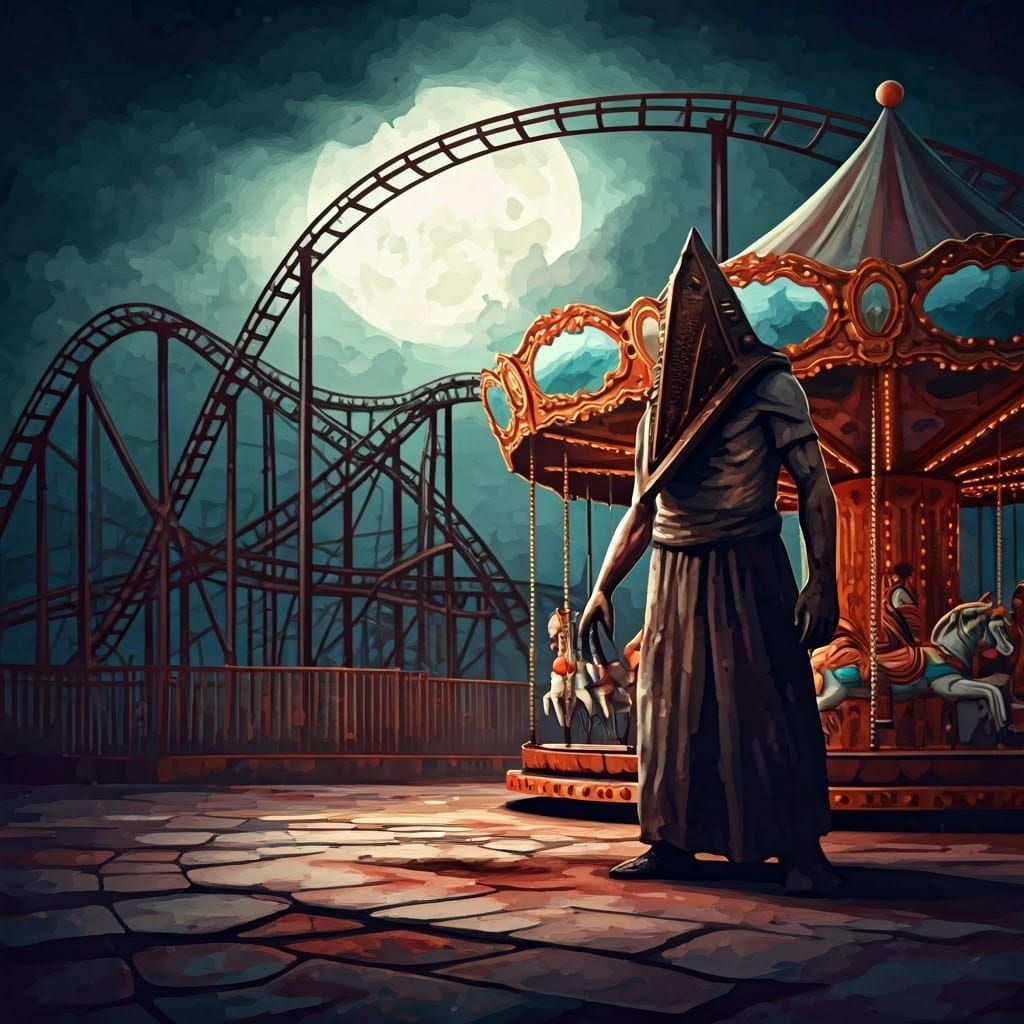 Dystopian Roller Coaster with Pyramid Head: Watercolor Paint...