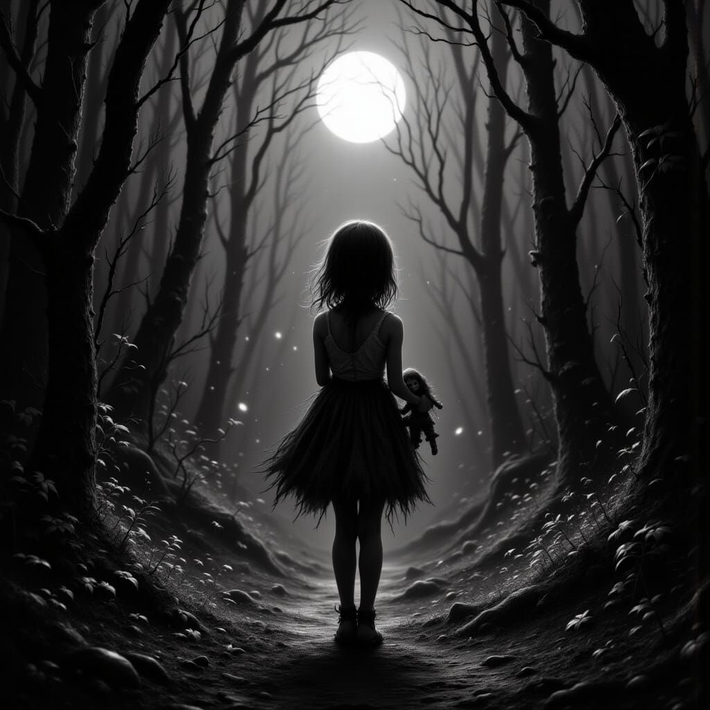 Girl with Doll in Moonlit Forest, Black and White Photograph...