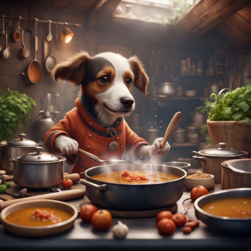Cute Dog Chef Cooking Soup in Detailed Painting