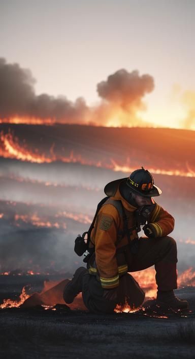 Figure Kneeling in Fire: Cinematic Film Still