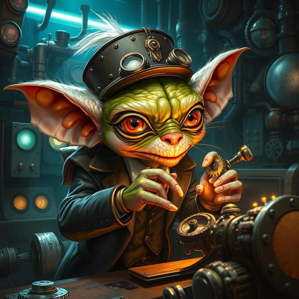 Steampunk Gremlin Tinkering in Workshop as Digital Painting