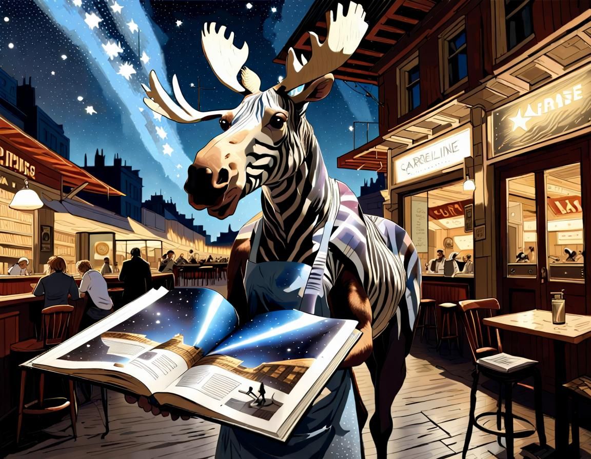 Moose-Zebra Hybrid Reading an Open Book