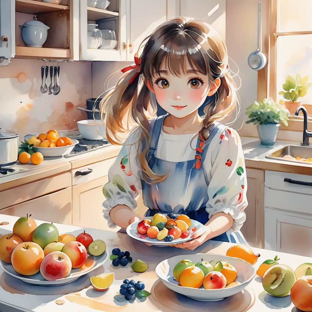 Watercolor Anime Girl Arranging Fruit