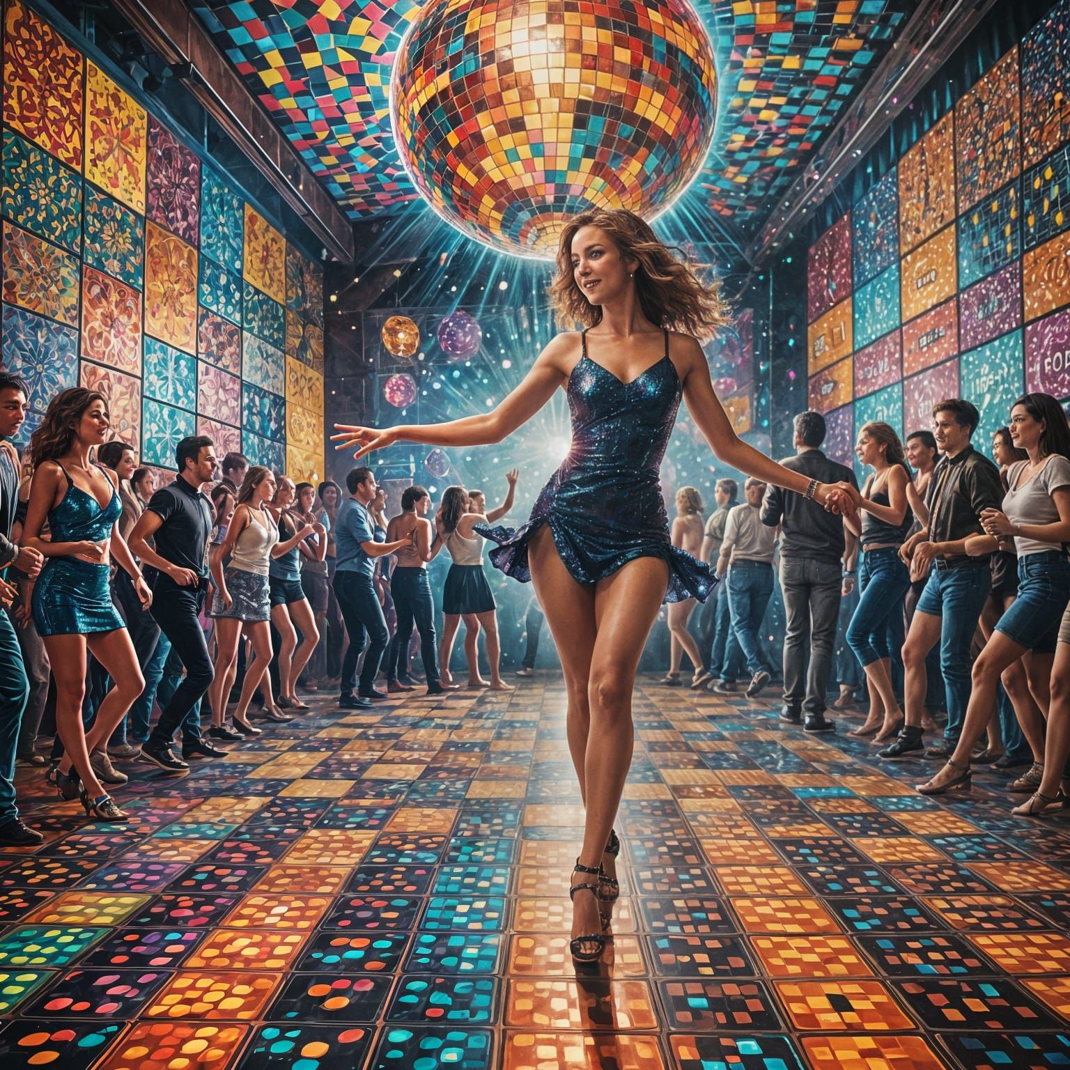 image captures a woman dancing alone on a bustling disco dance floor, surrounded by glowing tiles, a disco ball, and sil...