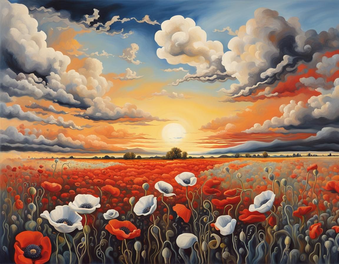 poppy field under a wide sky filled with white clouds at sunset surrealism Salvador Dali matte background melting oil on...