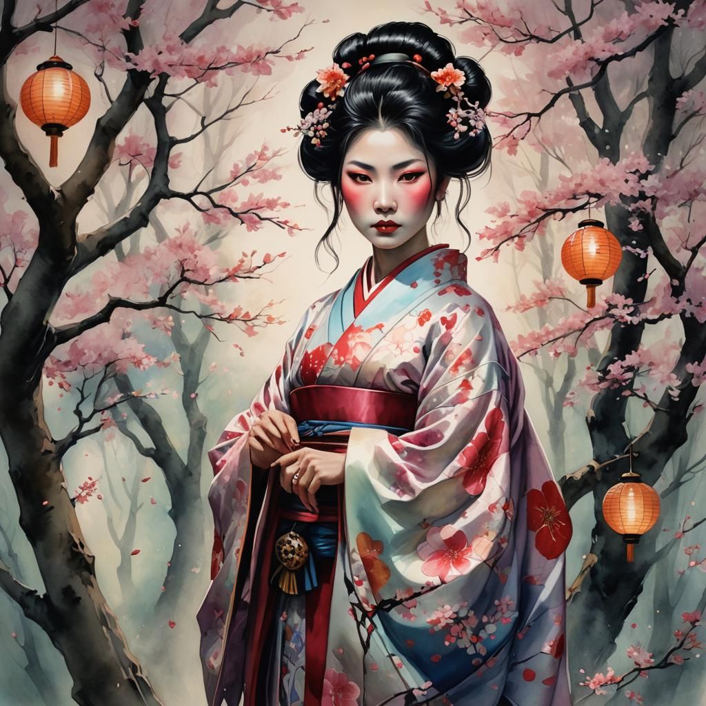 Watercolor Geisha Portrait in Fantasy Style