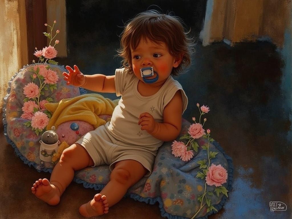 Whimsical Baby Boy with Pacifier in Soft Pastel Light