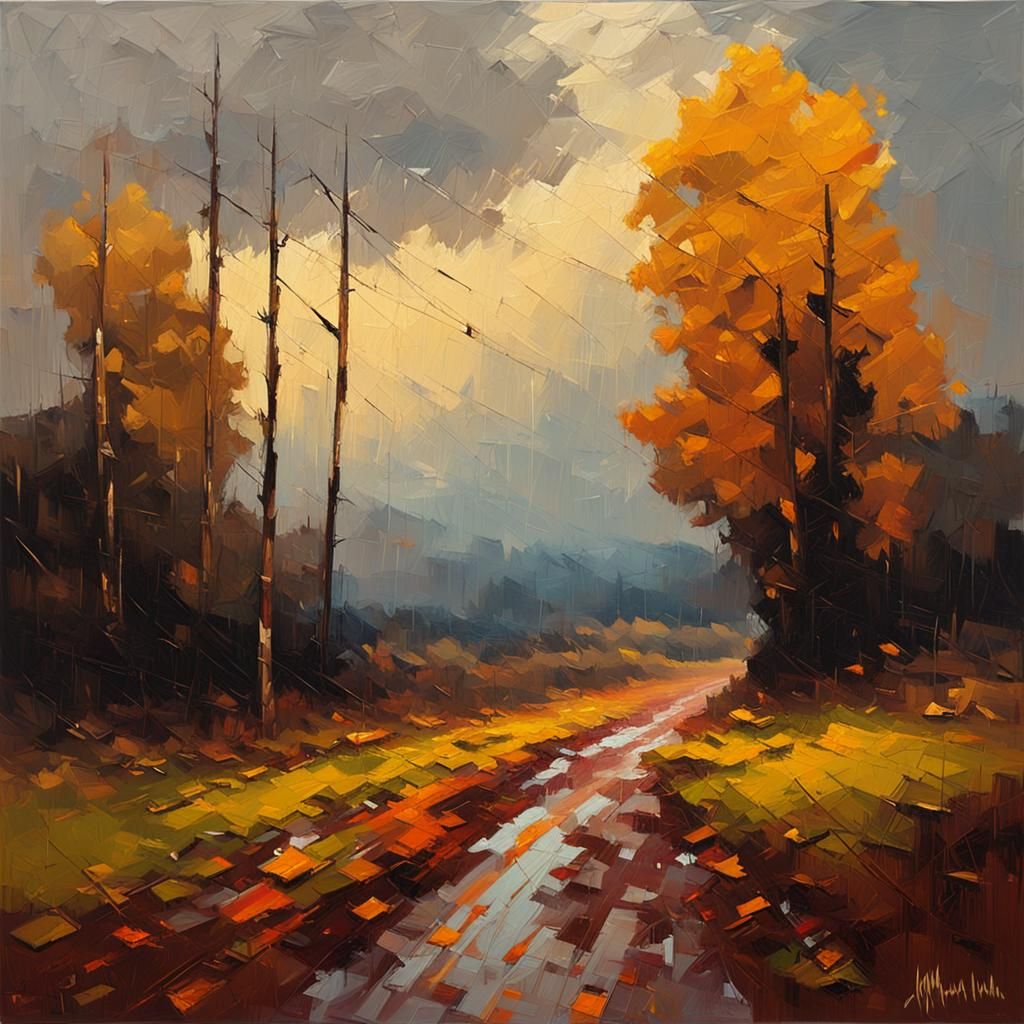 Gloomy Autumn Landscape in Expressive Impasto Oil Painting
